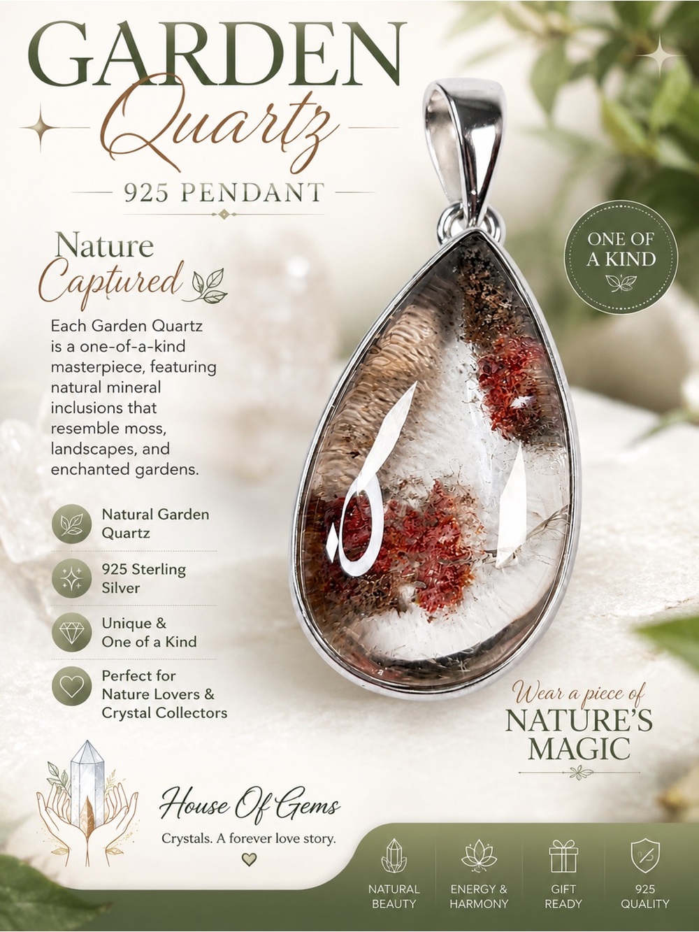 Garden Quartz 925 Sterling Silver Teardrop Pendant - Natural Red & Clear Crystal